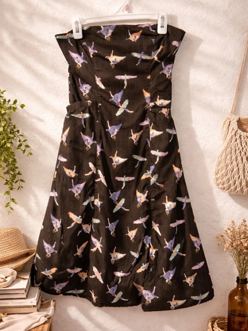 Free People Dress Mini Size 0 Strapless Crane Print Boho Festival Streetwear - Picture 13 of 16